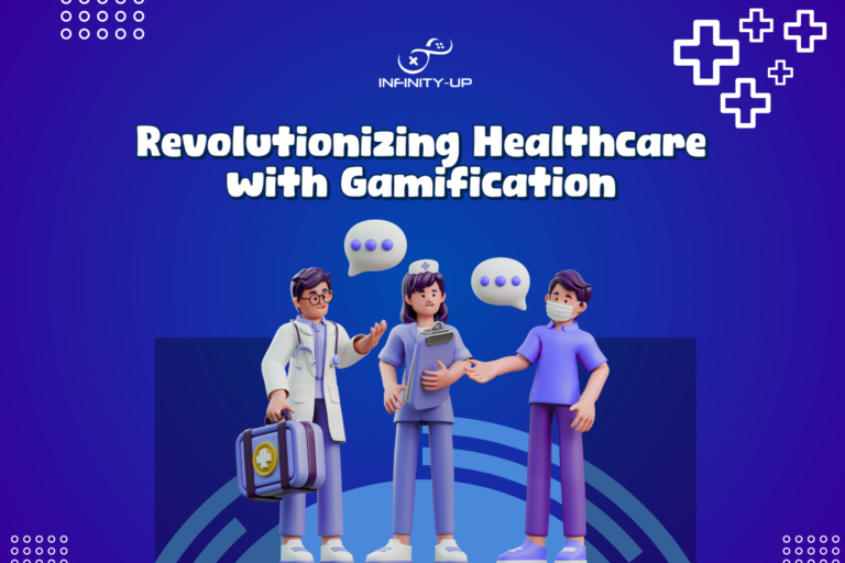 A modern healthcare scene illustrating gamification in action, where patients and healthcare professionals interact with digital game based interfaces on tablets and smart devices to improve treatment, learning, and wellness outcomes.